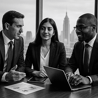 Three executives at the table in discussion.